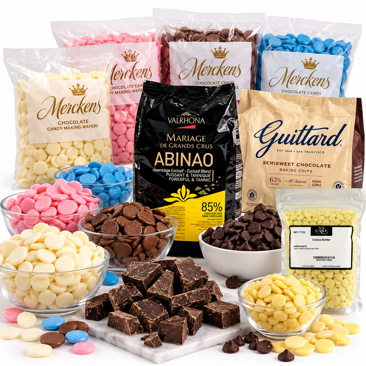 Merckens candy melts, Valrhona and Guittard chocolate, and NY Cake cocoa butter for chocolate making and baking supplies