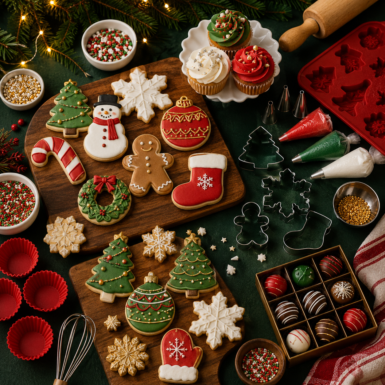 Christmas baking and cake decorating supplies with festive cookies, cupcakes, molds, cutters, sprinkles, and piping tools