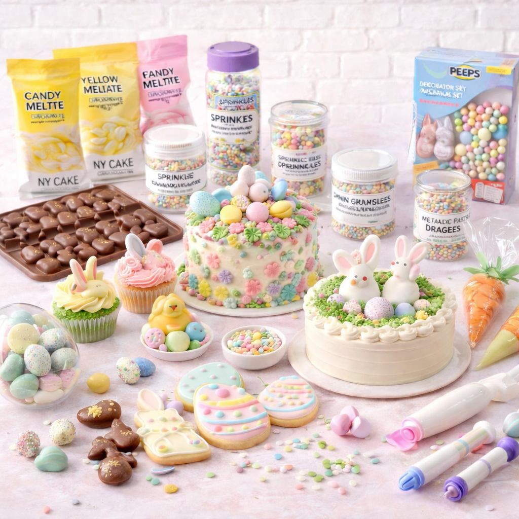 Easter baking and cake decorating supplies including candy melts, sprinkles, molds, and decorated Easter cakes