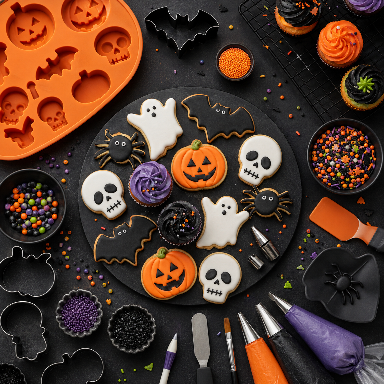 Halloween baking and cake decorating supplies with cookies, cupcakes, molds, sprinkles, and decorating tools