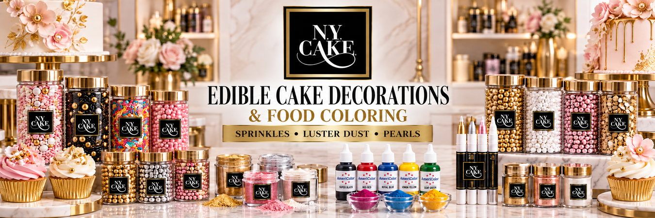 NY Cake edible decorations with sprinkles, pearls, luster dust, and AmeriColor Soft Gel Paste food colors.