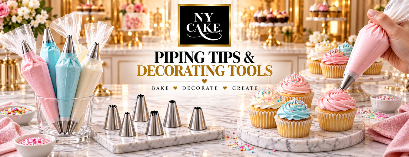NY Cake piping tips and decorating tools featuring frosting-filled piping bags, stainless steel tips, and cupcakes decorated with pink, blue, and white buttercream.