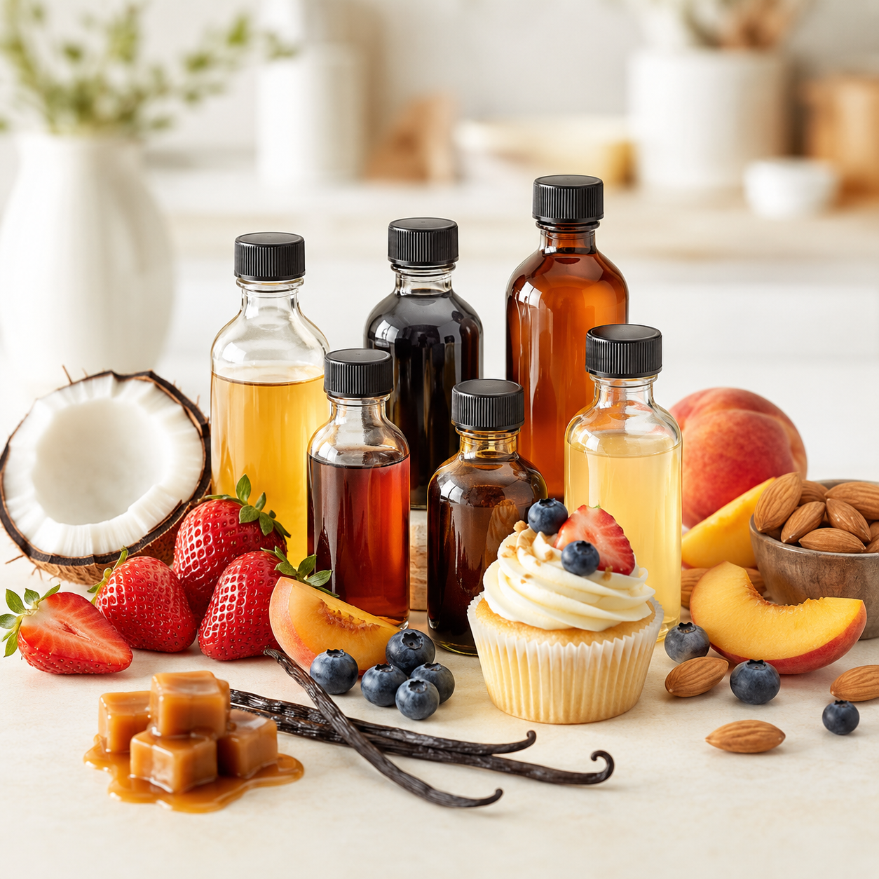 Baking flavorings and extracts with vanilla, strawberry, peach, coconut, almond, blueberry, and caramel flavors