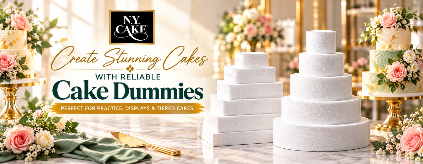 NY Cake round and square cake dummies displayed alongside elegant decorated tiered cakes, perfect for cake decorating practice, displays, and tiered designs.