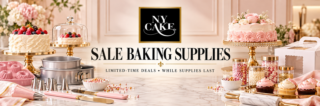 NY Cake sale baking supplies featuring cake stands, pans, silicone molds, piping tips, sprinkles, decorating tools and cake boxes.