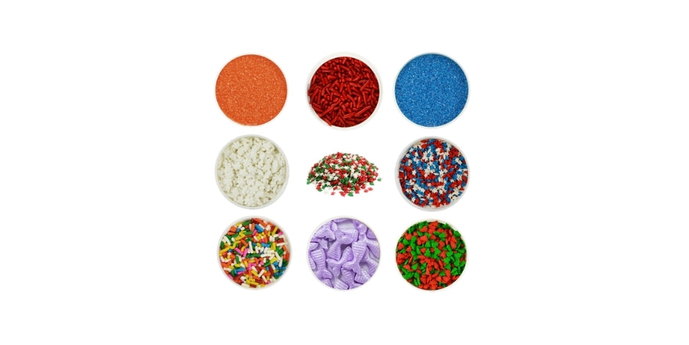 Assorted sprinkles, sanding sugars, and edible decorations from NY Cake for baking and cake decorating.