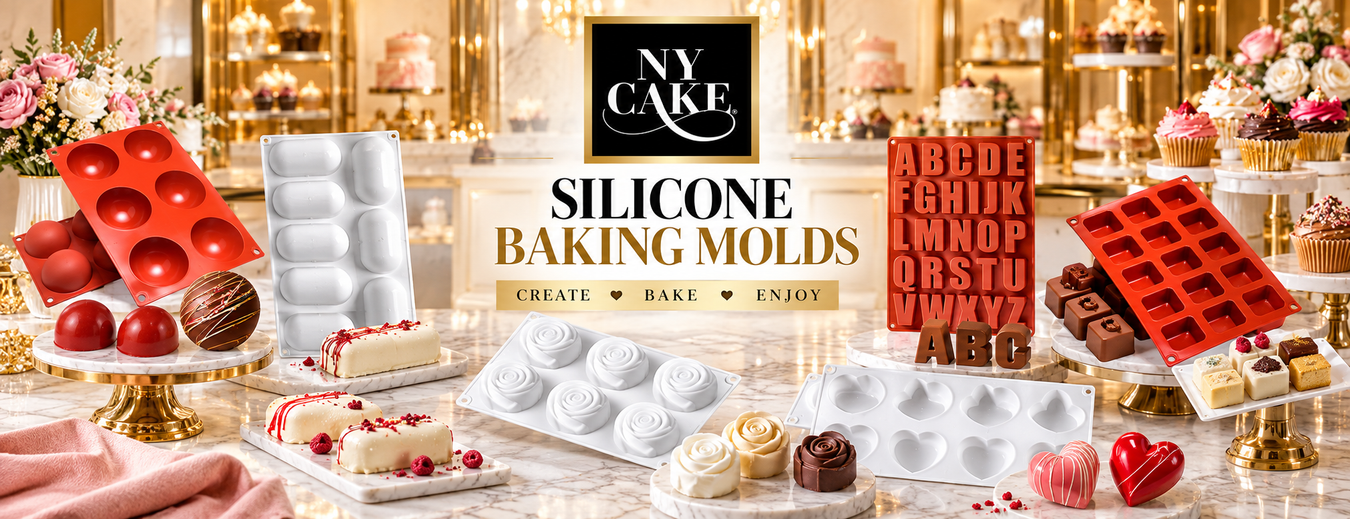 NY Cake silicone baking molds in assorted shapes including spheres, roses, hearts, letters, and squares with finished chocolates and desserts.
