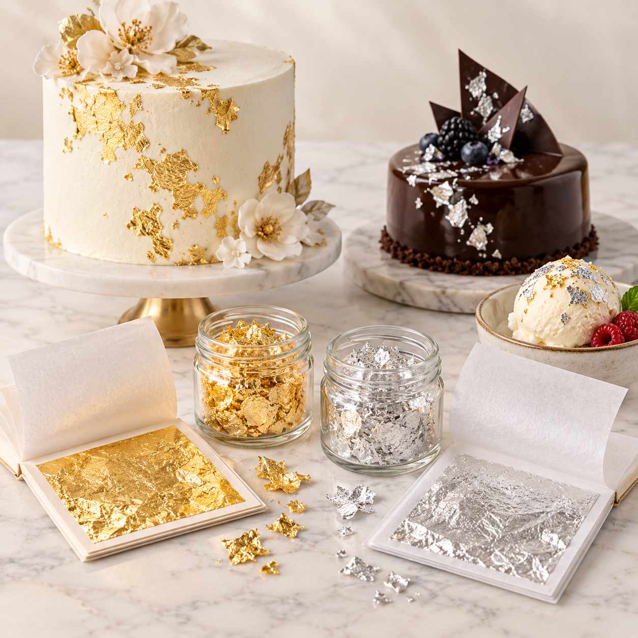 Edible gold and silver leaf sheets, jars of metallic flakes, and decorated cakes and ice cream desserts.