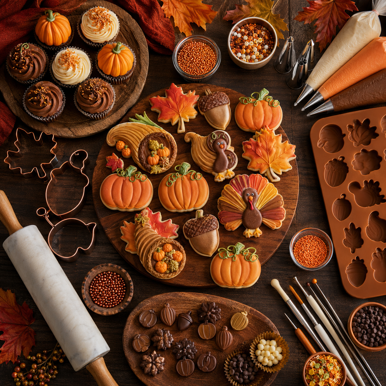 Thanksgiving baking and cake decorating supplies with pumpkin, turkey, maple leaf, acorn, and cornucopia treats