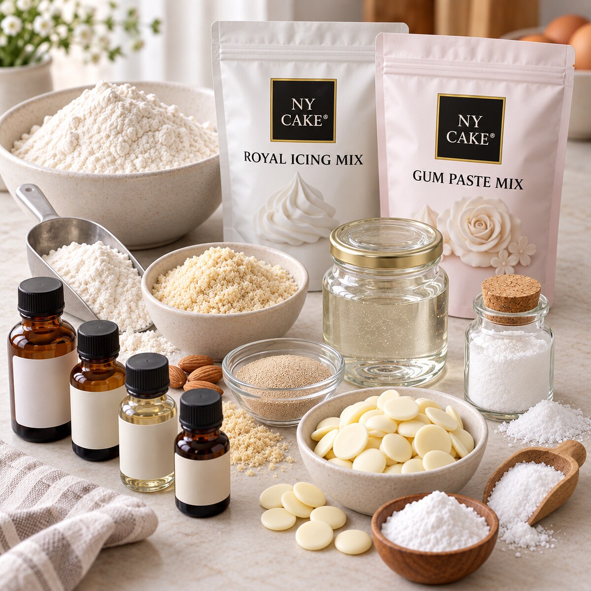 NY Cake baking ingredients with Royal Icing Mix, Gum Paste Mix, flour, glucose syrup, yeast, flavorings and white chocolate.