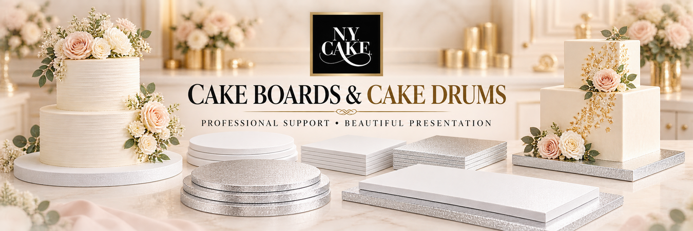 NY Cake cake boards and cake drums featuring round, square and rectangular white and silver boards supporting professional wedding and celebration cakes.