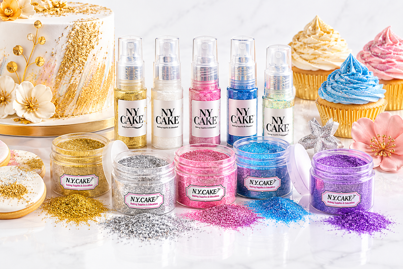 NY Cake glitter and disco dust collection featuring gold, silver, pink, blue and purple shimmer powders and decorating sprays for cakes and desserts.