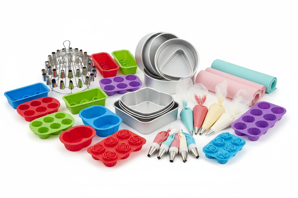 Bakeware and cake pans including round, square, sheet, and specialty baking pans