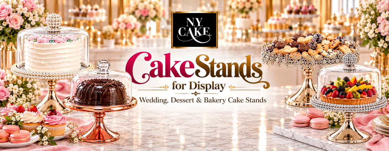 NY Cake display stands featuring elegant cakes, cookies, cupcakes, macarons, and fruit desserts on decorative pedestal stands with clear covers.