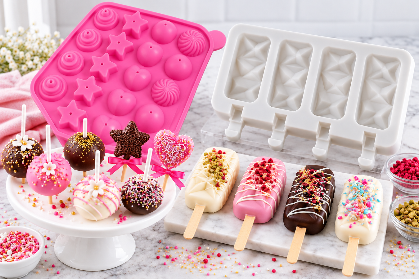 NY Cake cakesicle and cake pop silicone molds with decorated chocolate cakesicles, colorful cake pops, and assorted baking designs.
