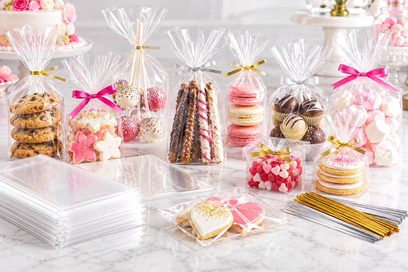 Clear cellophane bags for cookies, candy, cake pops, chocolate pretzels and bakery treats with gift packaging at NY Cake.