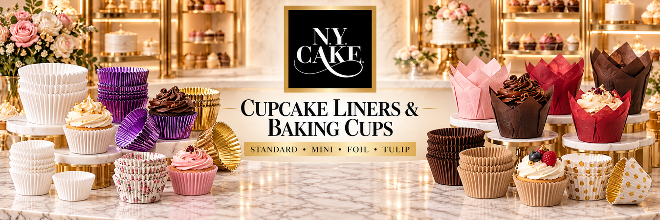 NY Cake cupcake liners and baking cups including standard, mini, foil, floral, and tulip styles with decorated cupcakes.
