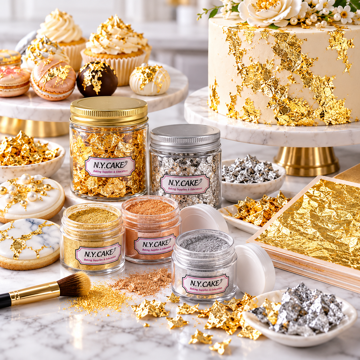NY Cake metallic highlighter dust in gold, rose gold and silver, with gold and silver leaf, flakes and decorated cakes