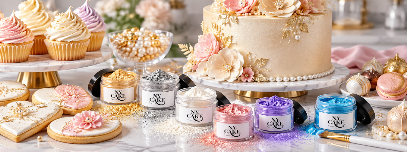 Gold, silver, pearl, pink, purple and blue luster dust powders displayed with decorated cakes, cupcakes, cookies and chocolates  
