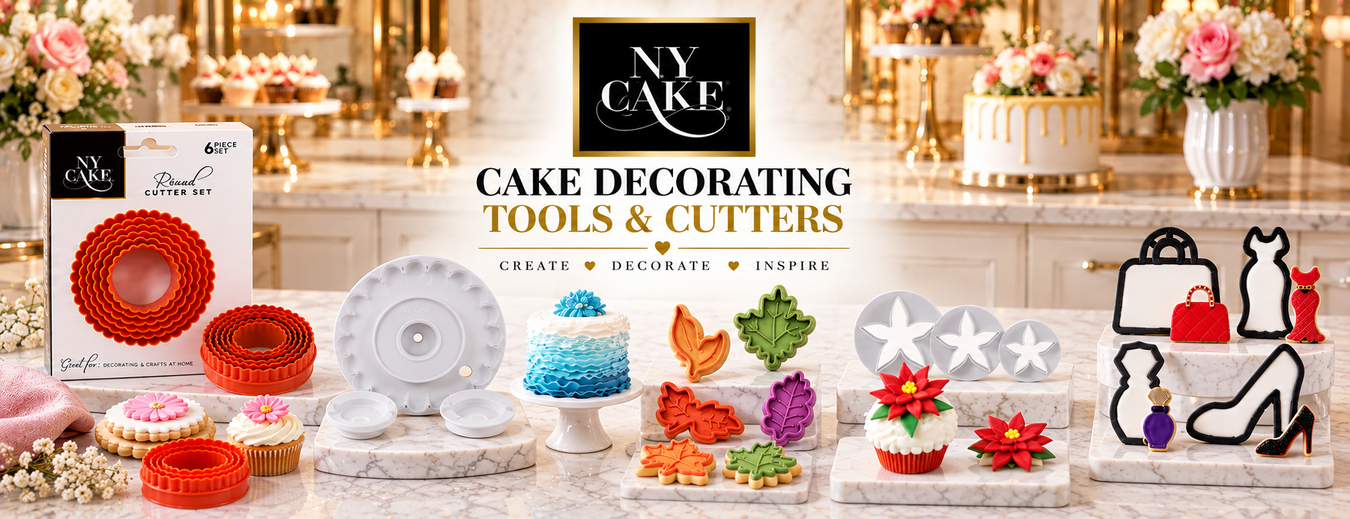 NY Cake cake decorating tools and cutters featuring round cutter sets, flower and leaf cutters, fashion-themed cutters, and decorated cakes, cupcakes, and cookies.