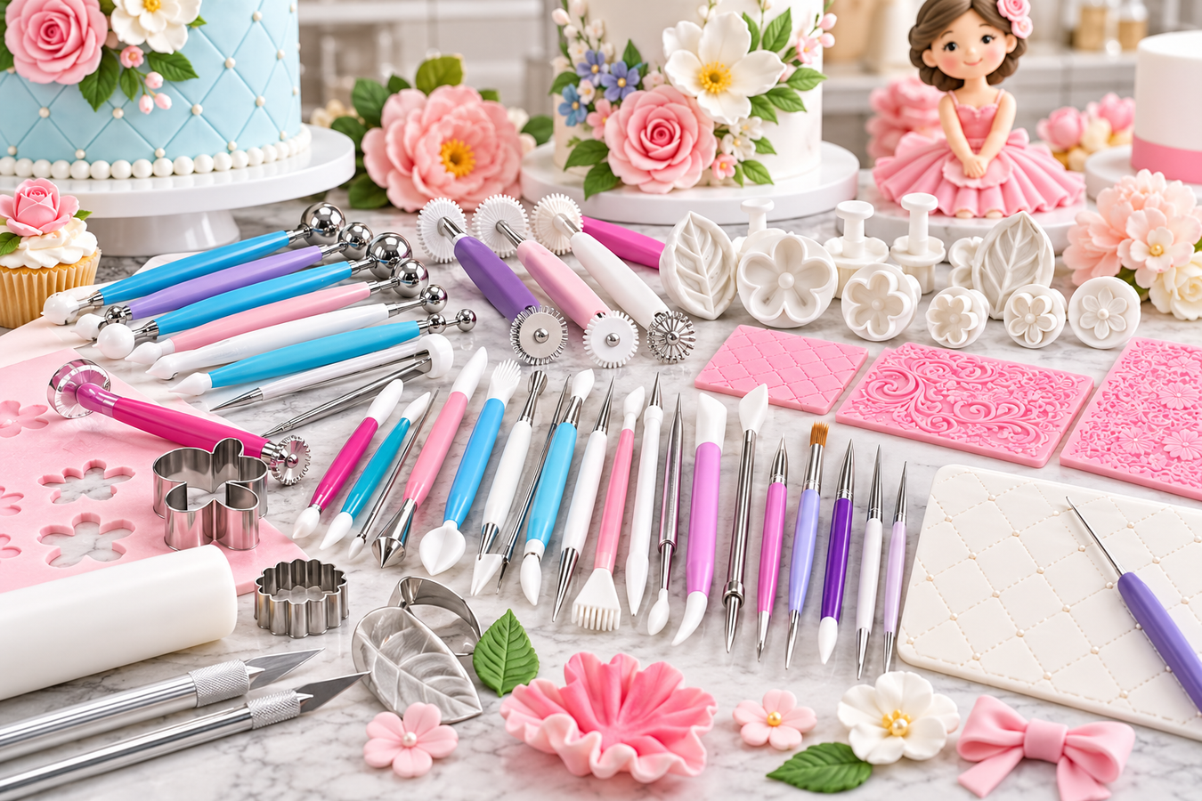 Fondant and gum paste modeling tools including ball tools, modeling wheels, sculpting tools and quilting tools for cake decorating and sugar flowers.