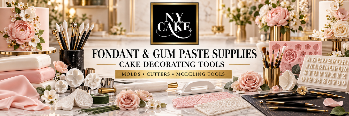 NY Cake fondant and gum paste supplies including flower molds, cutters, modeling tools, rolling pins, impression mats, and sugar flowers.