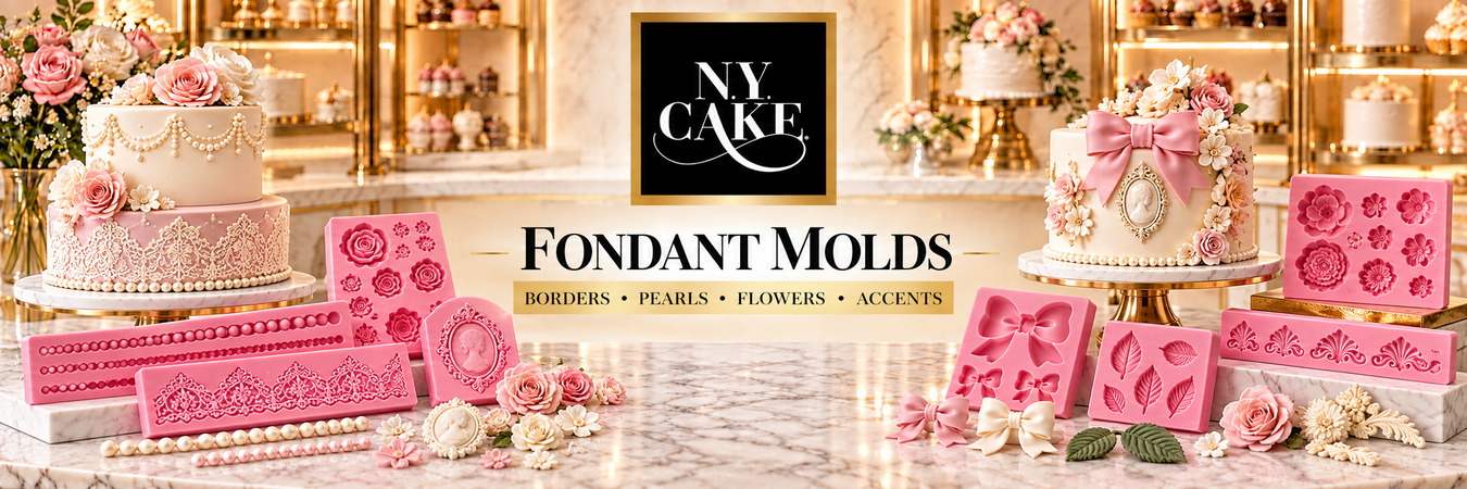 NY Cake fondant molds for cake decorating including silicone pearl borders, lace, flowers, bows, leaves, and decorative accents.