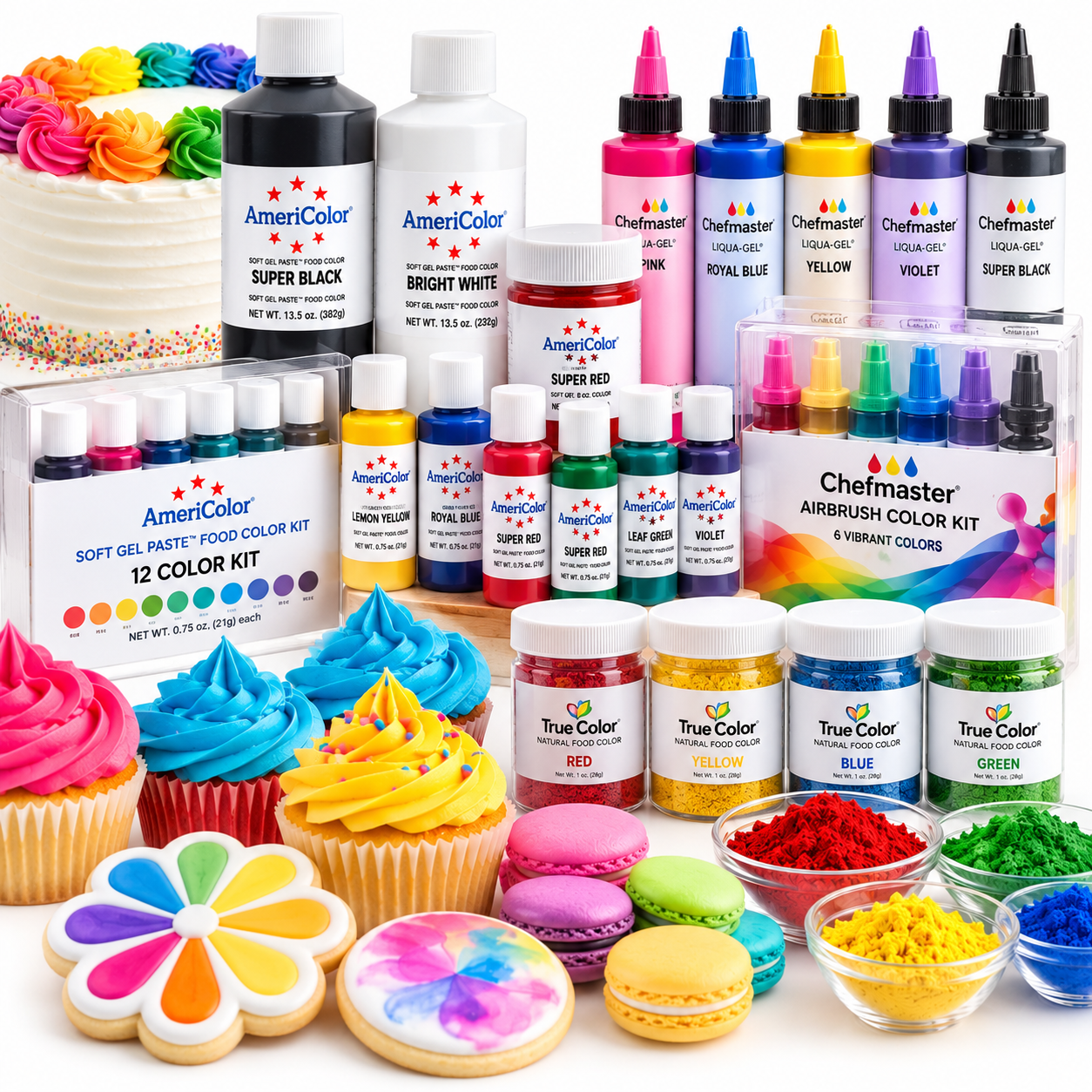 AmeriColor and Chefmaster gel food coloring, airbrush colors, decorating kits and True Color natural food coloring powders for cakes and cookies  