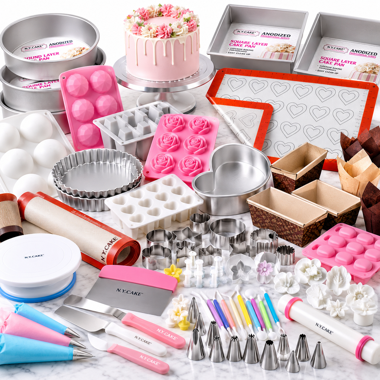 NY Cake baking supplies and professional cake decorating tools featuring cake pans, silicone molds, baking mats, cookie cutters, piping tips and fondant tools