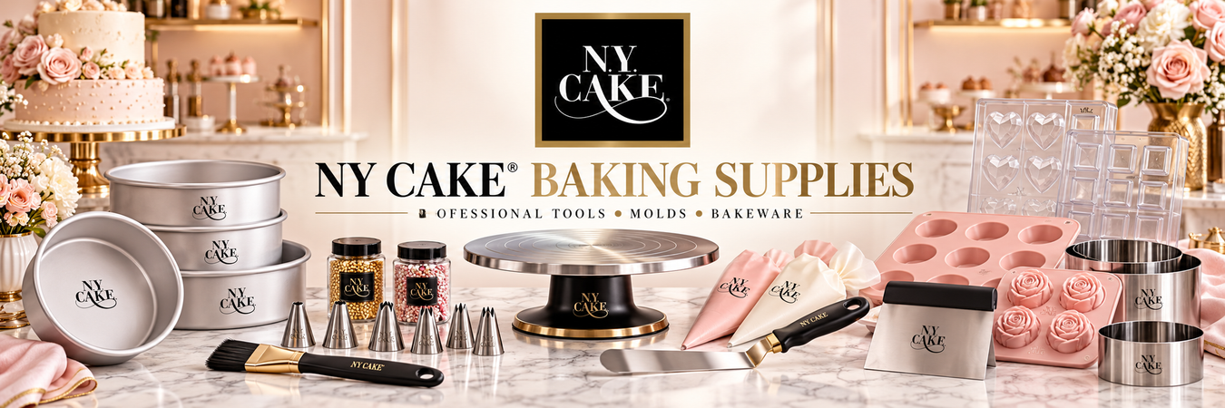 NY Cake professional baking supplies including cake pans, decorating tools, piping tips, molds, turntable, scrapers, and bakeware.