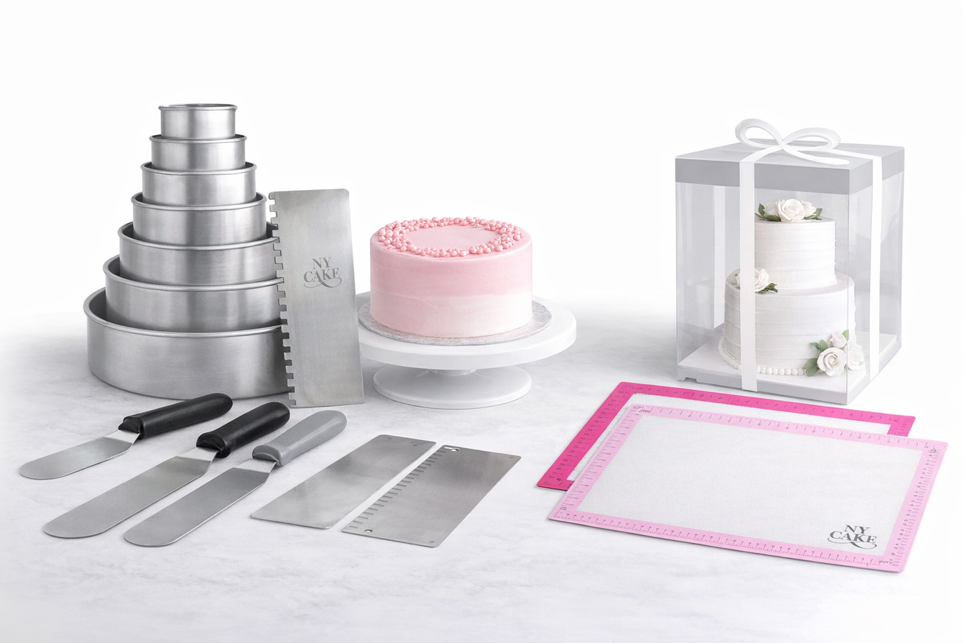 NY Cake wholesale baking supplies including cake pans, decorating tools, scrapers, spatulas, and bakery essentials