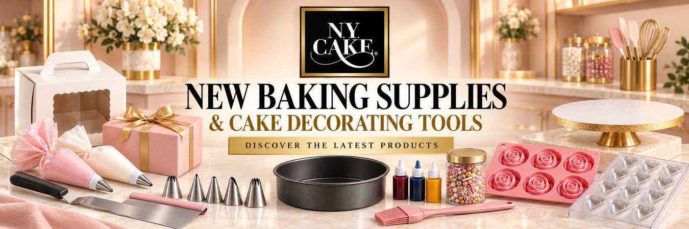 New baking supplies and cake decorating tools from NY Cake including molds, piping supplies, cake pans, packaging, sprinkles, and food coloring.