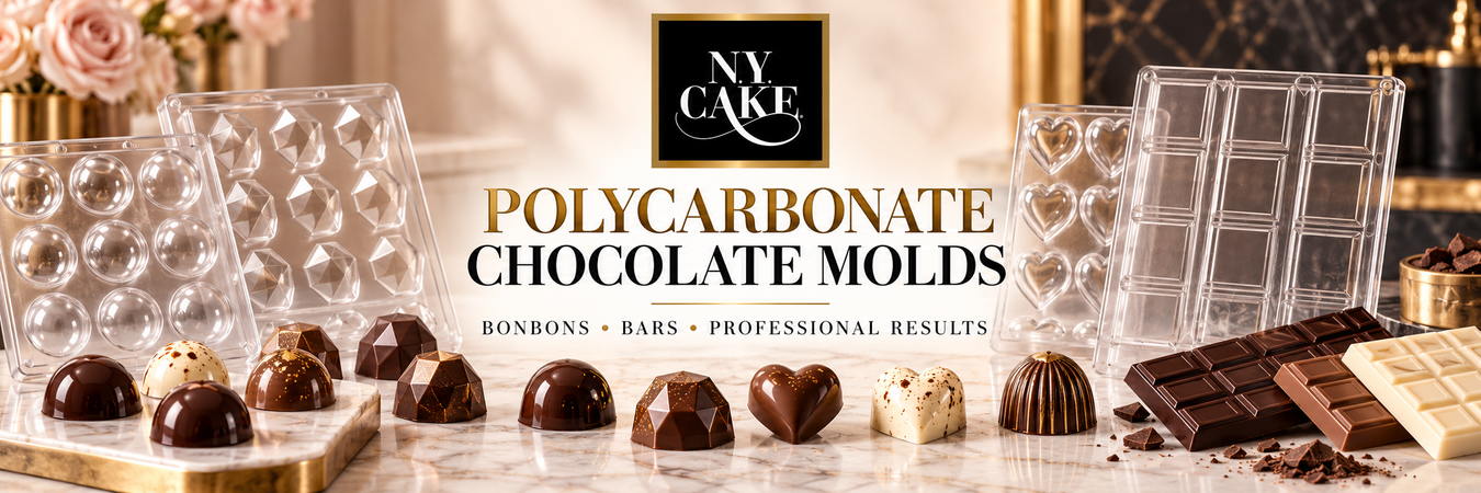 NY Cake polycarbonate chocolate molds for professional bonbons, chocolate bars, hearts, domes, and faceted chocolates.