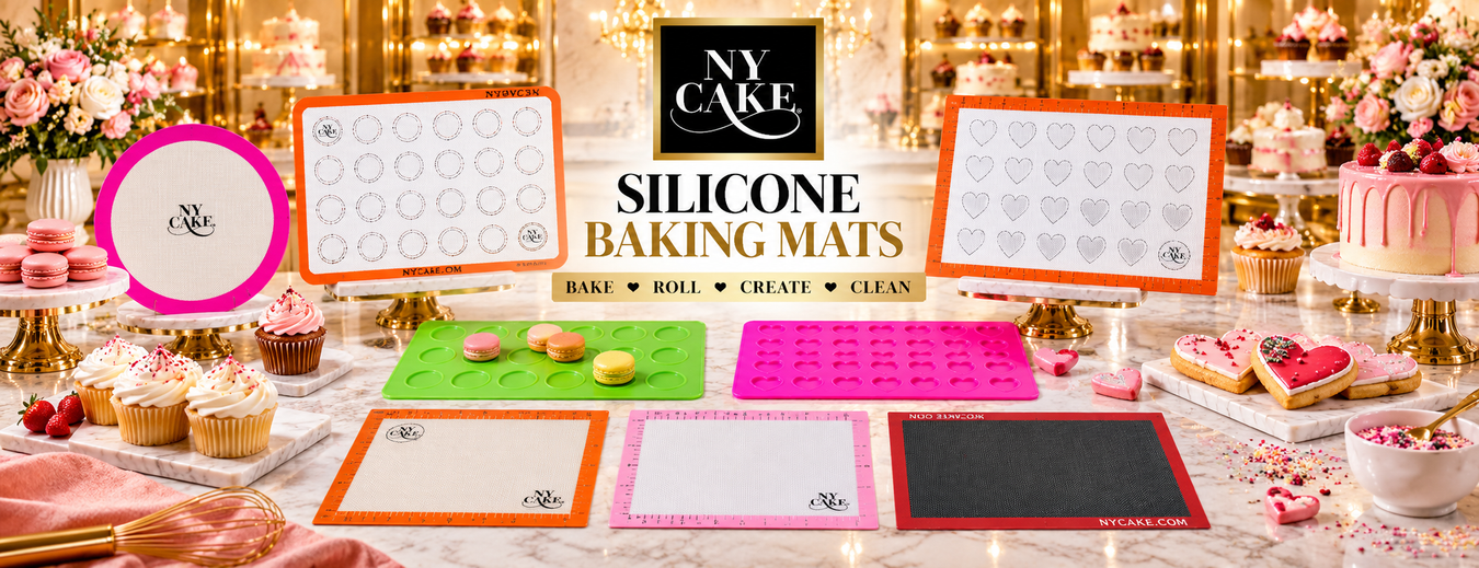 NY Cake silicone baking mats in assorted colors and designs, including macaron and heart guides, displayed with cakes, cupcakes, cookies, and macarons.