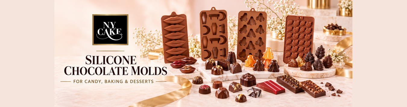NY Cake silicone chocolate molds with finished chocolate bars, bonbons, lips, leaves and seasonal candies for baking and desserts.