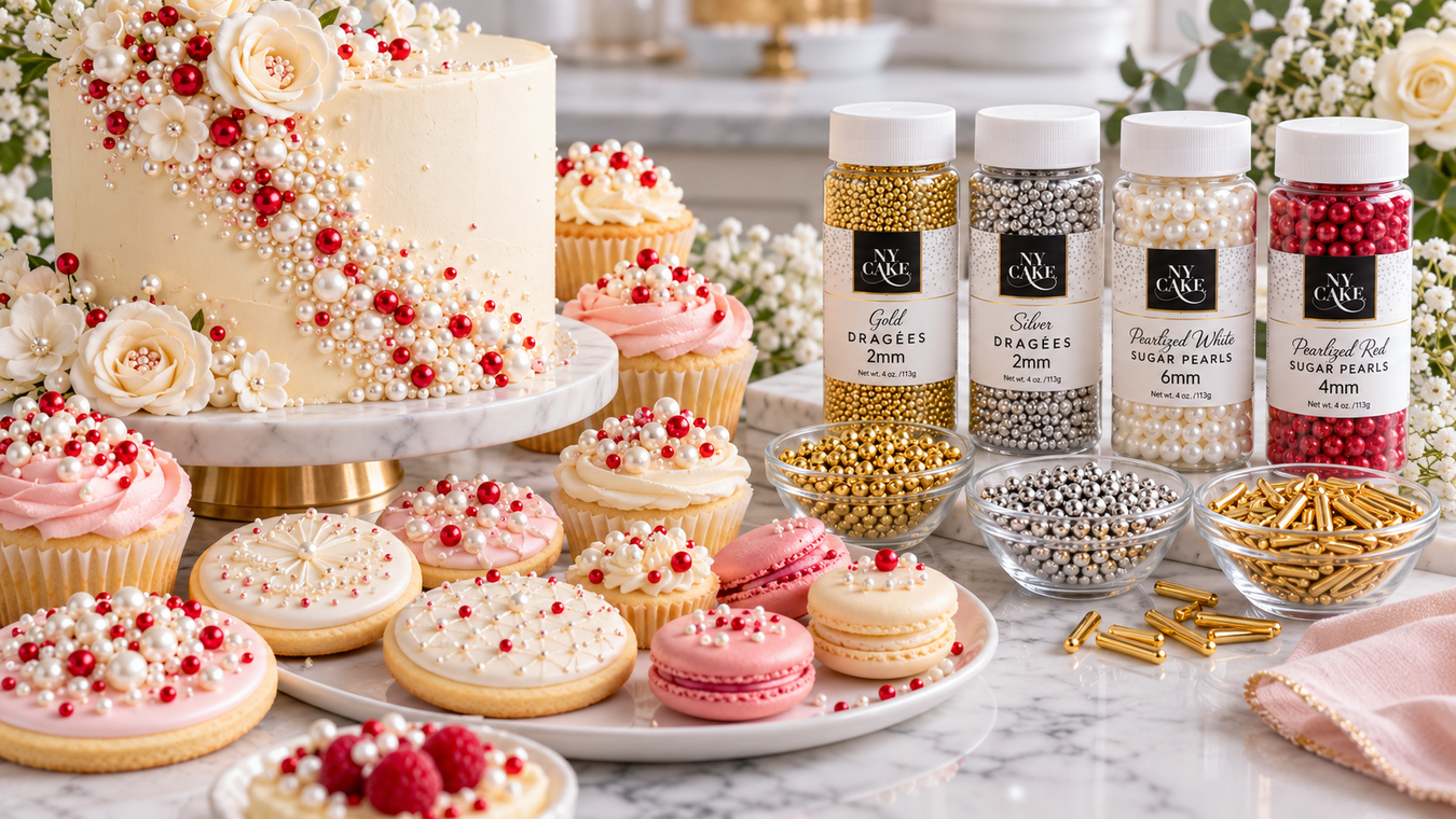 NY Cake gold and silver dragees, white and red sugar pearls, and metallic decorating rods displayed with decorated cakes, cupcakes and cookies  