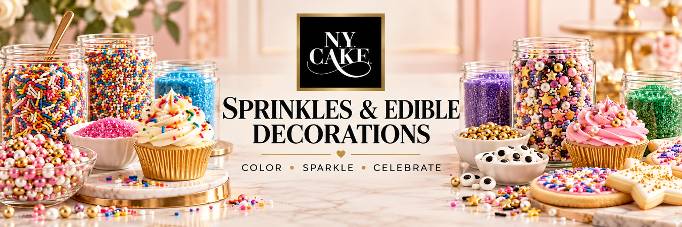 NY Cake sprinkles and edible decorations featuring jimmies, nonpareils, sanding sugars, edible pearls, cupcakes and decorated cookies.
