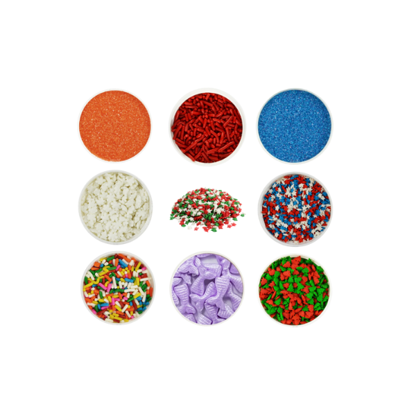Assorted sprinkles, sanding sugars, and edible decorations from NY Cake for baking and cake decorating.