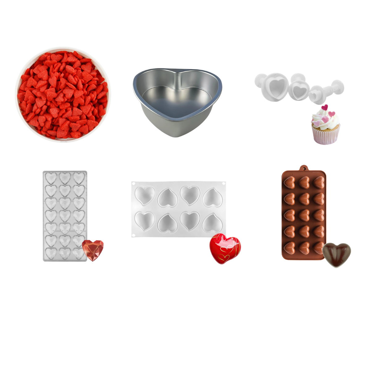 Valentines Day baking supplies including chocolate molds sprinkles candy making tools and decorations