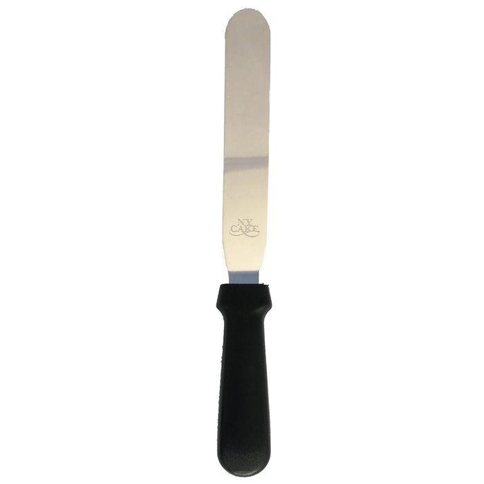 12 inch straight stainless steel icing spatula with black plastic handle for cake decorating and frosting cakes.
