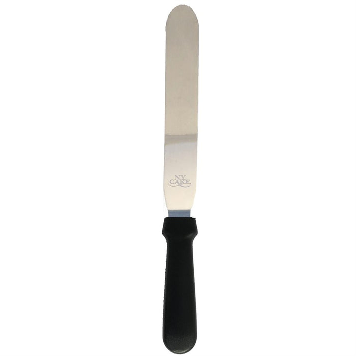 14 inch straight stainless steel icing spatula with black plastic handle for cake decorating and frosting cakes.