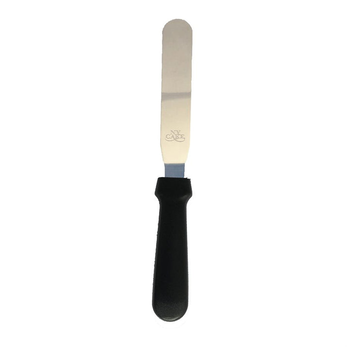 8 inch straight stainless steel icing spatula with black plastic handle for cake decorating and frosting applications.