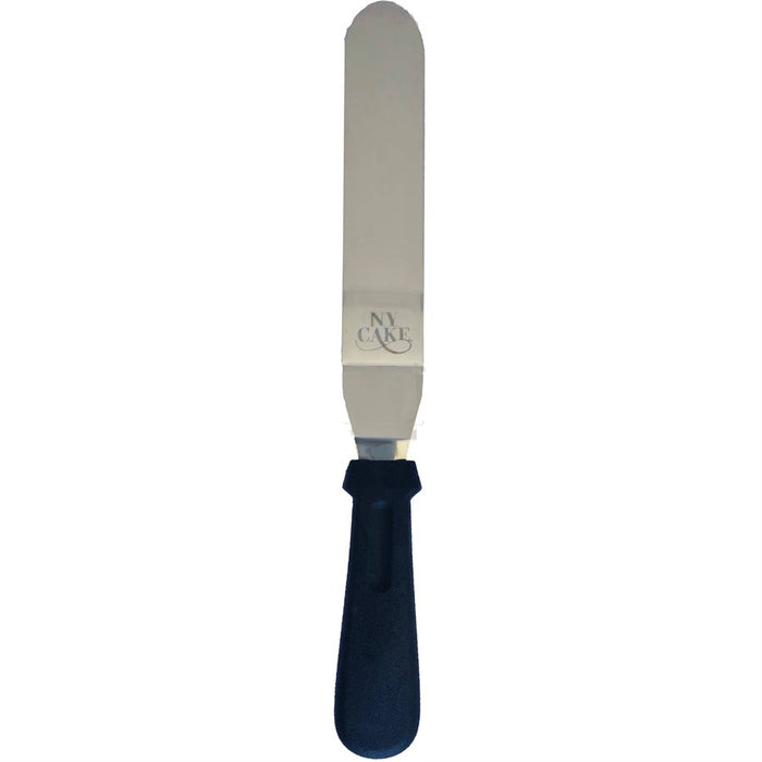 10 inch angled stainless steel icing spatula with black plastic handle for cake decorating and frosting cakes.