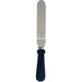 10 inch angled stainless steel icing spatula with black plastic handle for cake decorating and frosting cakes.