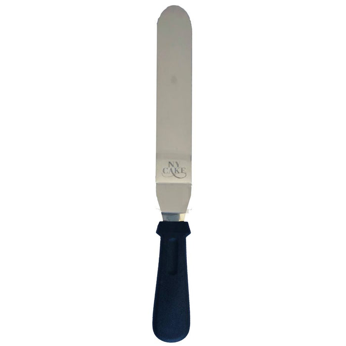 12 inch angled stainless steel icing spatula with black plastic handle for cake decorating and frosting cakes.