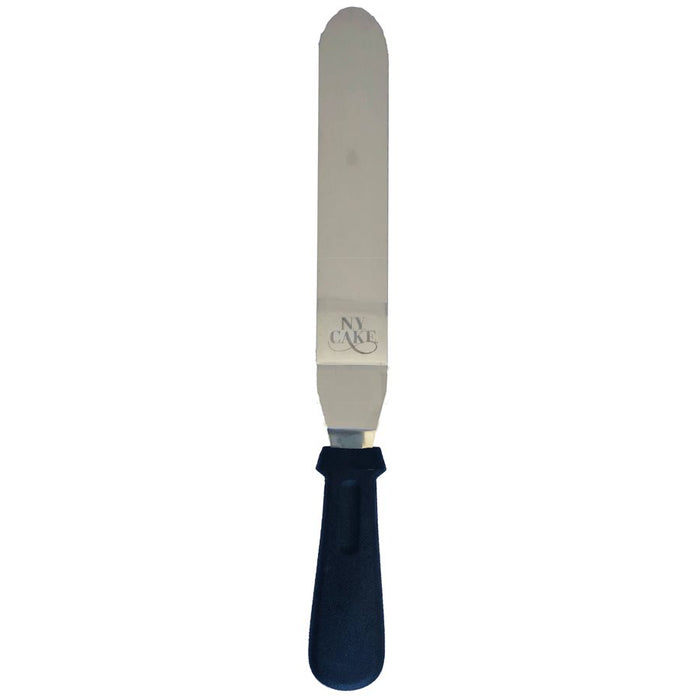 14 inch angled stainless steel icing spatula with black plastic handle for cake decorating and frosting cakes.