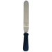 14 inch angled stainless steel icing spatula with black plastic handle for cake decorating and frosting cakes.