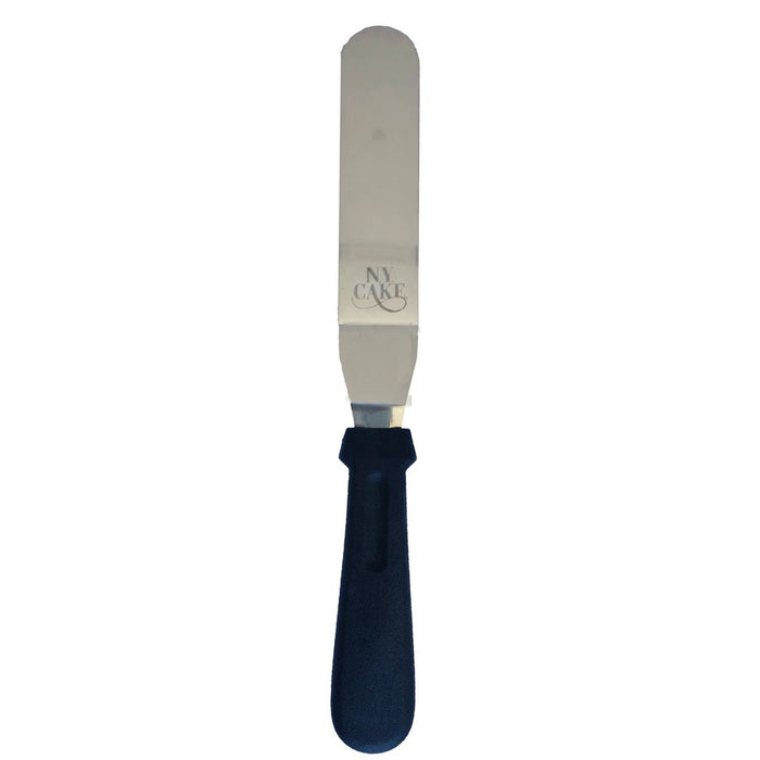 8 inch angled stainless steel icing spatula with black plastic handle for cake decorating and frosting applications.