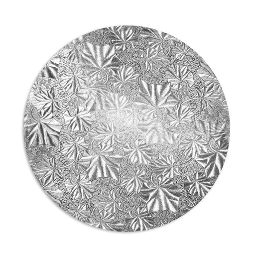 10 inch silver round cake drum board with embossed foil finish and 1/2 inch thickness for professional cake support and presentation.