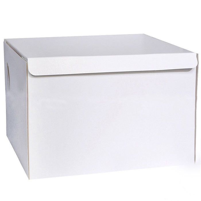 10x10x8 white single piece cake box for decorated cakes, bakery packaging, cupcakes, pastries, cookies, and cake transport.